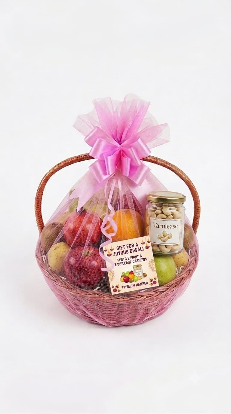 Celebration Basket — Larger fruit backbone with a cashew jar and a festival card.