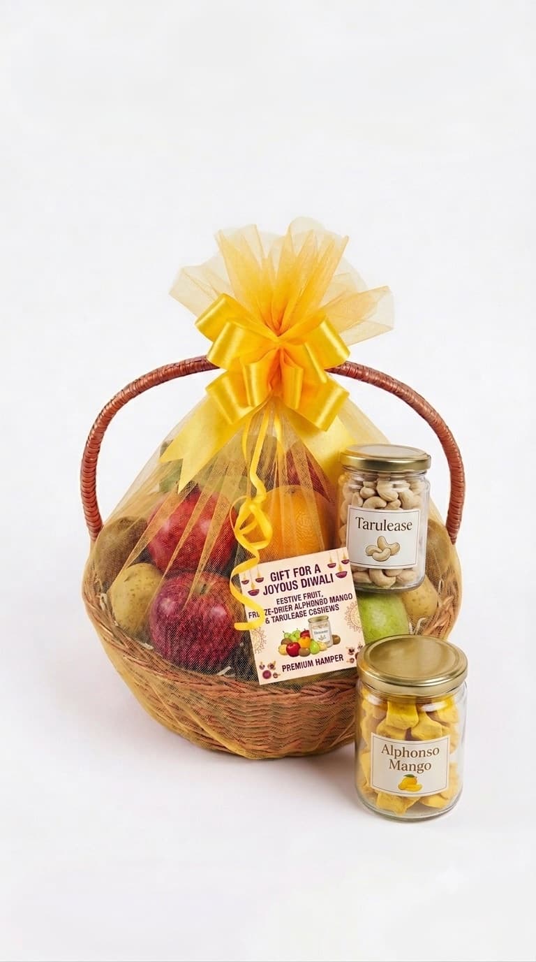 Signature Basket — The biggest fruit backbone with a cashew jar, a freeze-dried fruit jar, and a premium card.